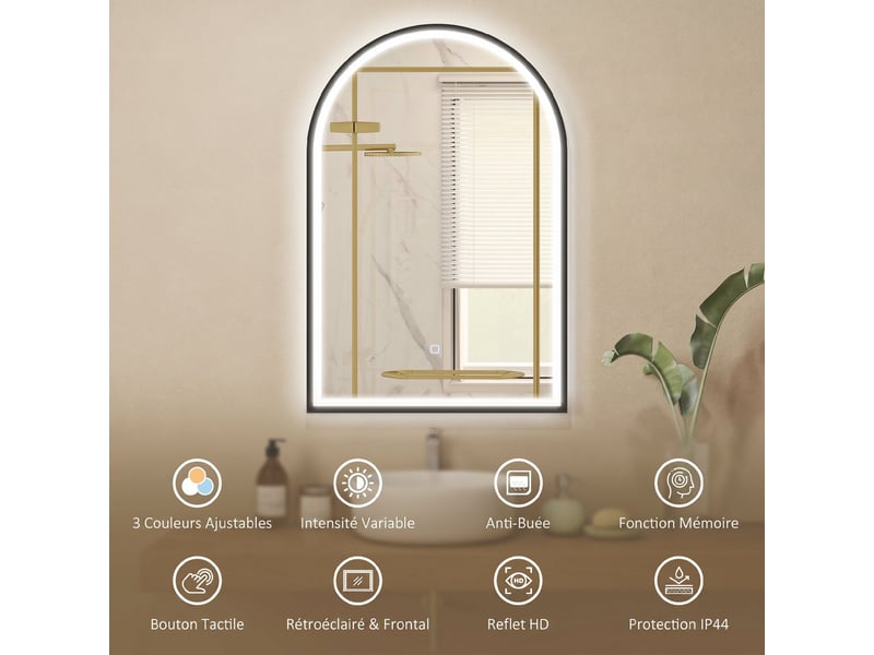  Miroir de salle de bain led arqué anti-buée tactile noir 60 x 4 x 90 cm  - Conforama D