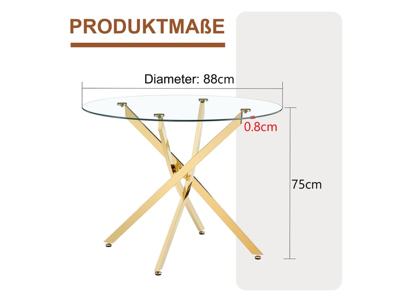 Table à manger ronde,88x88x75 cm,2 à 4 places,verre trempé et métal,doré - Conforama C