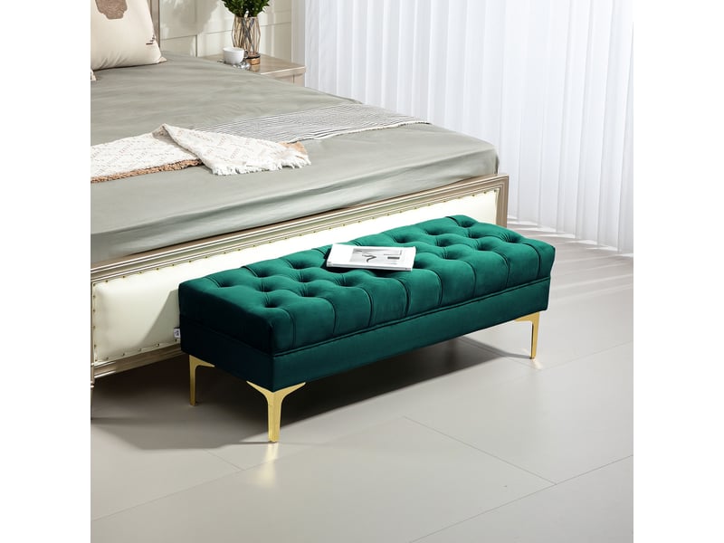  Banc de lit rembourré avec revêtement en tissu matelassé effet velours, 118 x 45 x 42 cm, vert foncé  - Conforama C