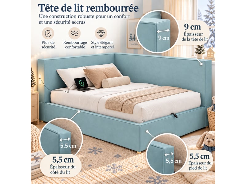 Lit coffre simple en velours bleu 90 x 200 cm avec sommier, led et usb type-c - Conforama R