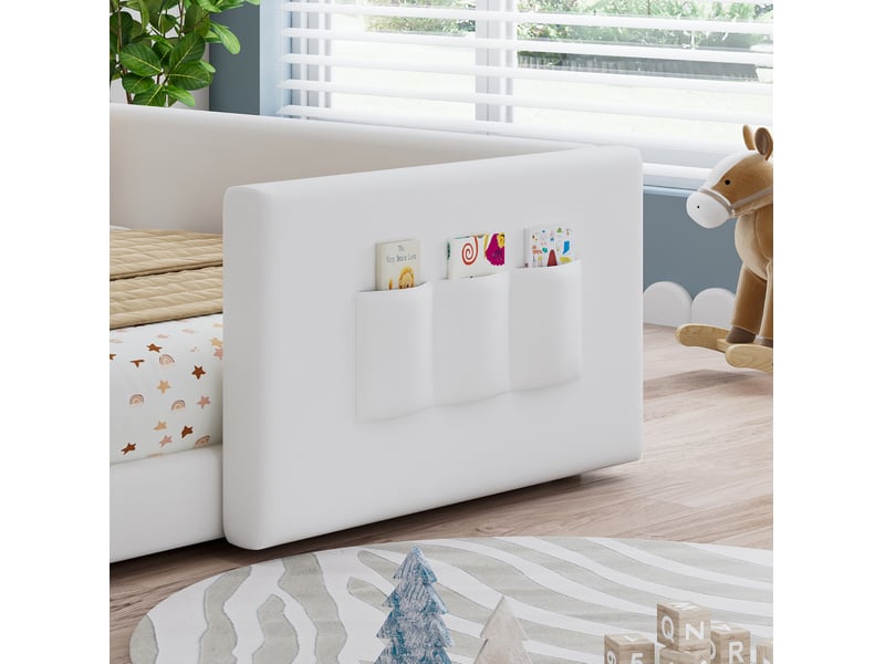  Lit enfant 140x200 cm, lit 2 place, design enveloppant, 3 poches de rangement, sommier, polyuréthane, blanc sans matelas  - Conforama D