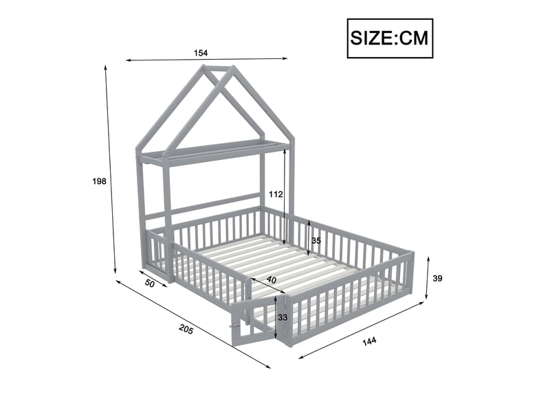  Lit double 140 x 200 cm avec barrières de sécurité et portes, cadre de lit enfant en bois massif, lit 2 personnes, gris  - Conforama R