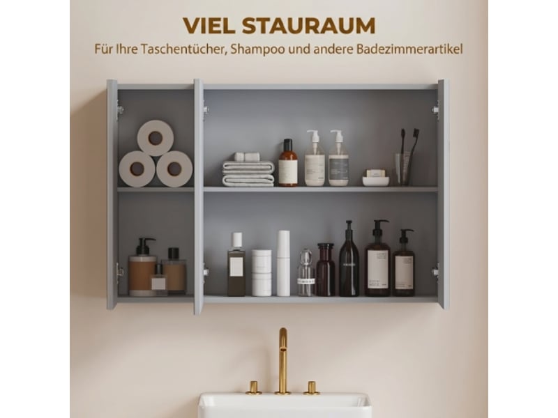 Armoire miroir de salle de bain grise à 3 portes avec étagères réglables, murale - Conforama E