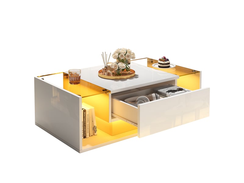 Table basse blanc 100×50×31 cm, table de salon moderne avec éclairage led et tiroir, table d'appoint en verre trempé - brillante - Conforama B