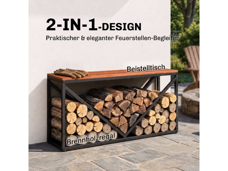Porte-bûches intérieur 2 en 1 avec tablette, métal thermolaqué, 98 x 28 x 50 cm, charge 50 kg - Conforama R