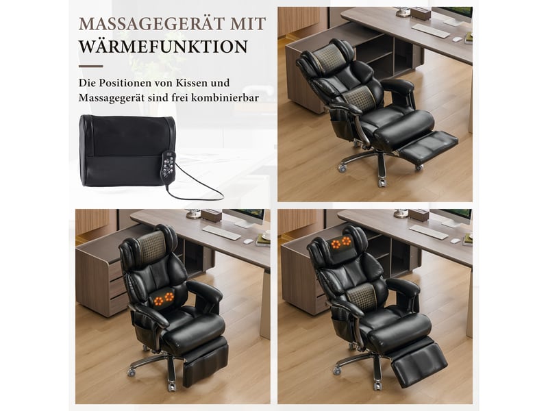Chaise de bureau massante chauffante inclinable avec repose-pieds - pivotante 360°, cuir pu noir - Conforama C