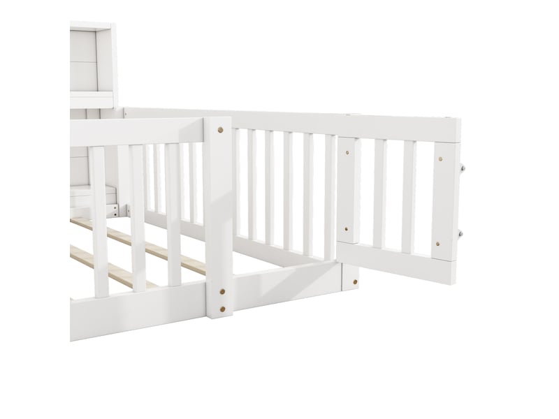 Lit banquette enfant 200×140 cm avec rangements latéraux et barrières ouvrantes, sans matelas, blanc et gris - Conforama E