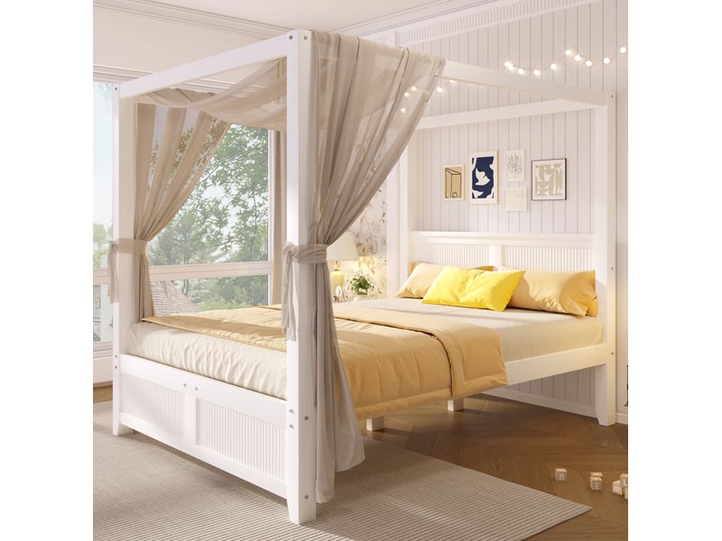  Lit à baldaquin 140x200 cm avec cadre de toit décoratif, lattes verticales têtepieds, mdf pin, blanc, sans matelas  - Conforama B