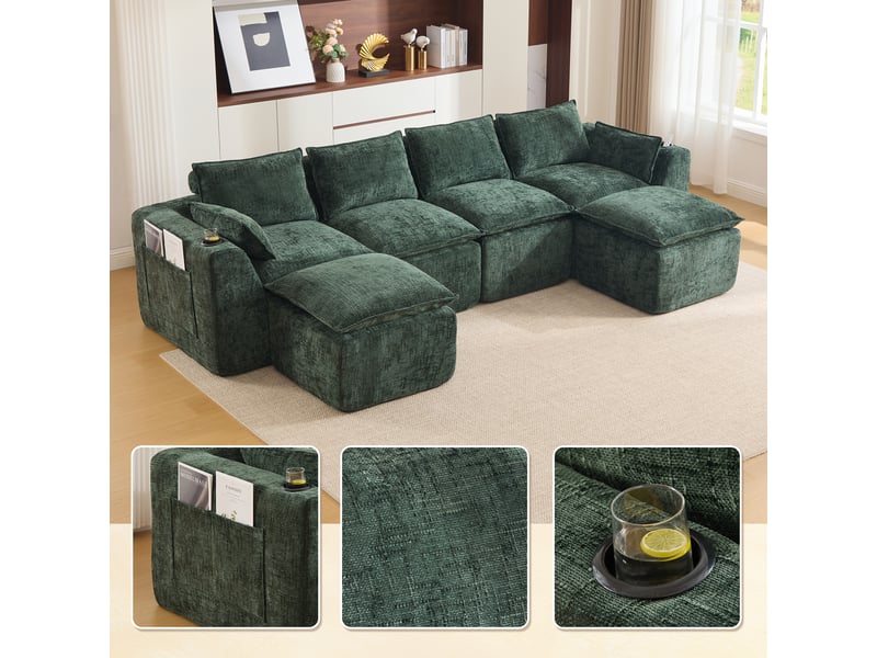 Canapé modulable 4 places en chenille vert foncé avec 2 poufs et porte-gobelets intégrés  - Conforama B