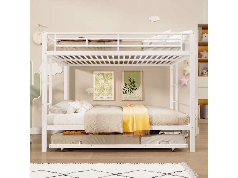  Lit superposé gigogne enfant 140x200 cm en métal avec lit tiroir 90x190 cm, barrières de sécurité, lit extensible gain de place - blanc  - Conforama D