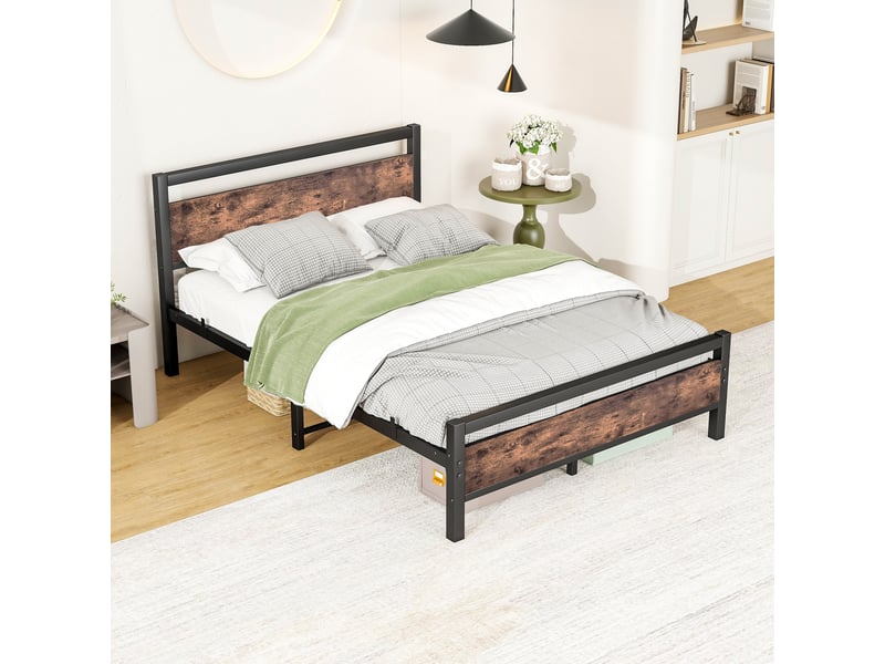  Cadre de lit, lit double 140x190 cm, rangement intégré, métal et bois brun antique, sommier à lattes  - Conforama A