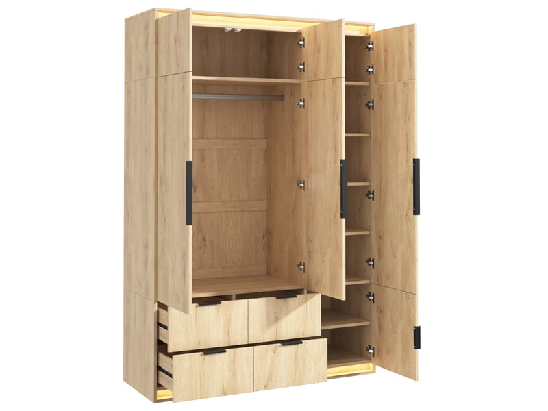 Armoire penderie 3 portes 135x47x200 cm mdf décor chêne, miroir led, 4 tiroirs et 1 tringle pour rangement - Conforama D