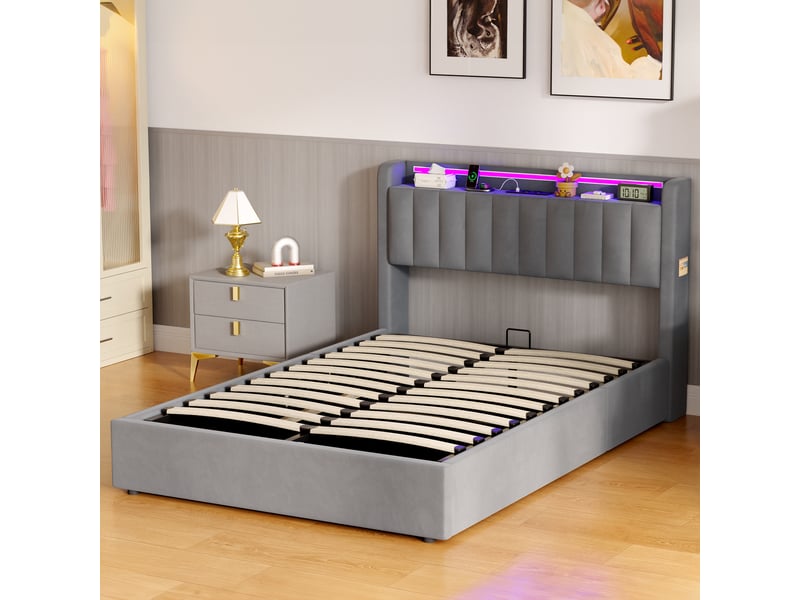 Lit coffre 140x190 cm avec led et usb gris foncé evryae  - Conforama E