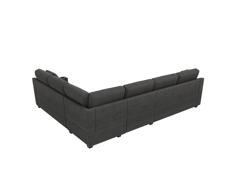  Canapé d'angle modulable 6 places en velours côtelé gris avec usbtype-c, porte-gobelets et coussins  - Conforama E