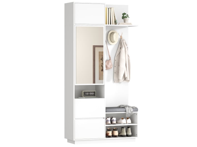  Garde-robe d’entrée compacte avec miroir et banc – meuble d’entrée avec patères et porte-chaussures  - Conforama A
