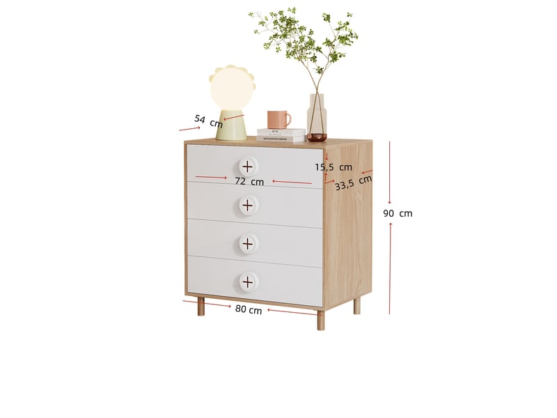  Commode à tiroirs 80 x 54 x 90 cm – blanc et bois naturel – 4 tiroirs de rangement pour chambre et salon  - Conforama C