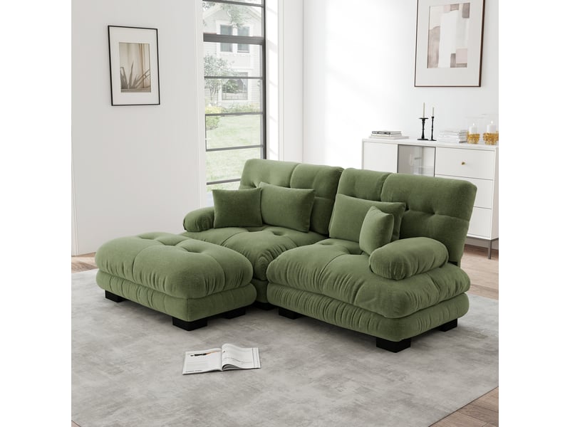  Canapé d'angle modulable en chenille avec coussins lombaires, ottoman et assise profonde pour salon, vert  - Conforama D