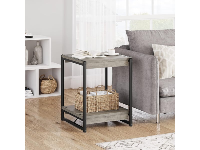  Lot 2 tables d'appoint carrées 2 niveaux, bois métal, style industriel rustique, étagère salon chambre, bout canapé chevet VAM_1EYVYWKP - Conforama E