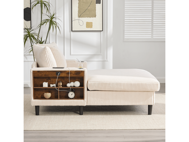  Chaise longue multifonctionnelle en velours côtelé, grand espace de repos, led, port usb, rangement, 3 coussins  - Conforama D