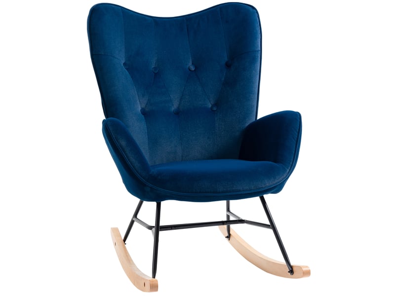  Fauteuil à bascule, rocking chair, fauteuil allaitement confortable avec structure en bois massif et métal pour salon, chambre, balcon, velours bleu  - Conforama A