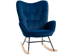 Fauteuil à bascule, rocking chair, fauteuil allaitement confortable avec structure en bois massif et métal pour salon, chambre, balcon, velours bleu