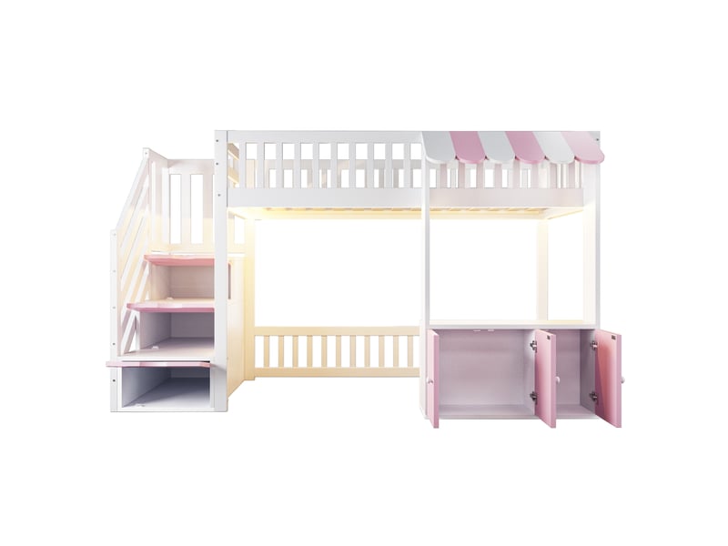 Lit mezzanine enfant 90x200 cm – rose et blanc – escalier de rangement, led multicolore, sans matelas - Conforama E