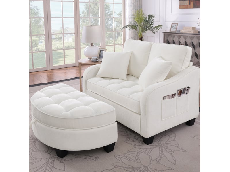  Canapé droit convertible 1 place beige en tissu, avec pouf de rangement, idéal pour les petits espaces  - Conforama E