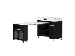 Îlot de cuisine extensible avec roulettes, multiprise et portes en verre, noir
