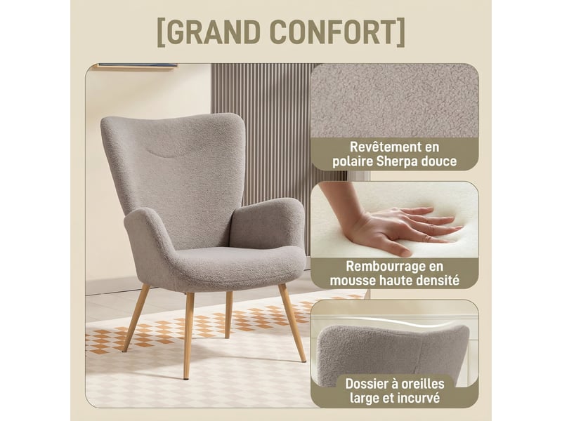  Fauteuil de salon avec haut dossier en tissu bouclette gris 71x74x97,5 cm  - Conforama D