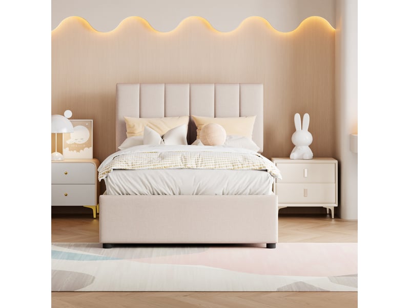  Modenvie lit coffre enfant 90x200 cm - rangement hydraulique, sans matelas - pour chambre d'enfant - beige  - Conforama E