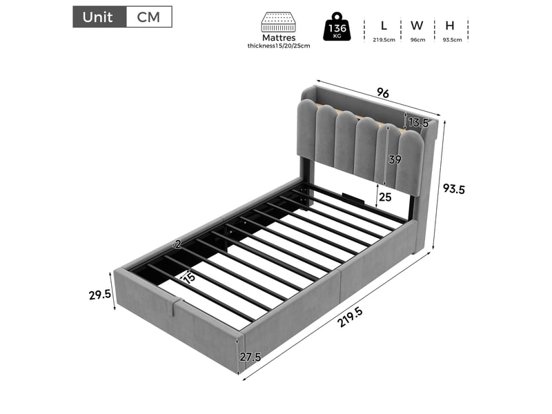  Lit enfant 90 × 200 cm avec coffre hydraulique, tête de lit rembourrée, lampe de lecture, usb et type-c pour chambre  - Conforama C