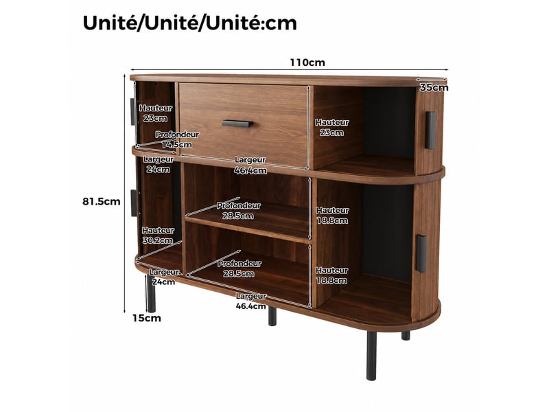  Buffet à portes coulissantes avec tiroir central et niches pour salon ou salle à manger en mdf, 110×35×81,5 cm, noyer  - Conforama E