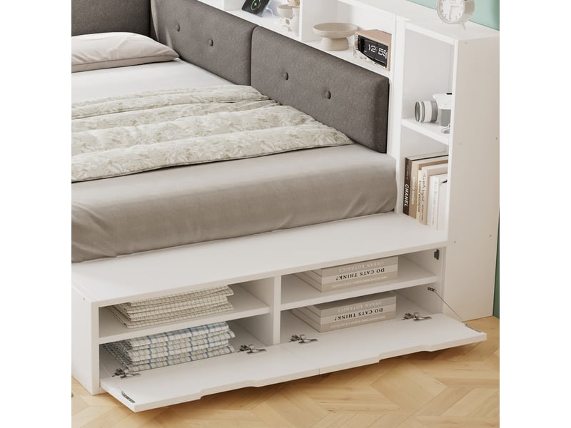 Lit enfant 120x200cm avec lit gigogne 90x190cm, rangements, charge, tête capitonnée, étagères et banc chaussures, blanc - Conforama E