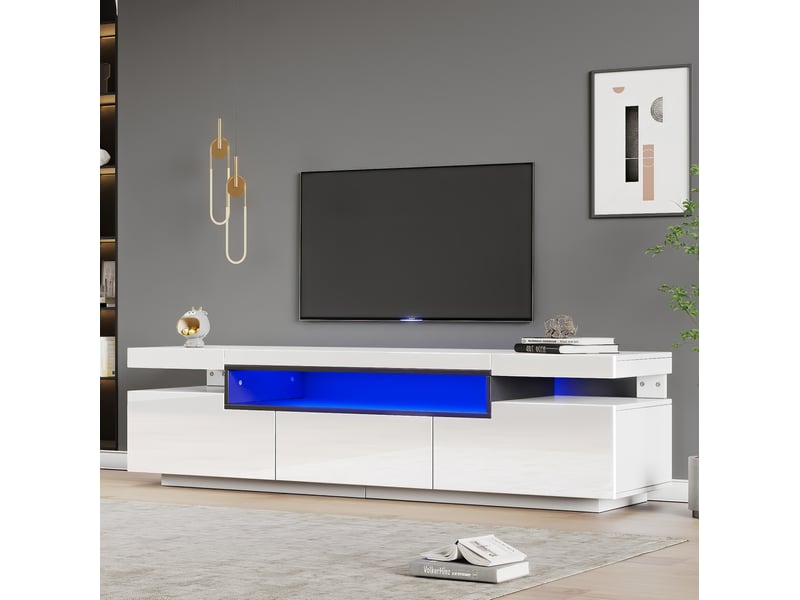  Meuble tv rangement 160 cm blanc laqué 3 tiroirs led 70 pouces salon moderne homvra  - Conforama B