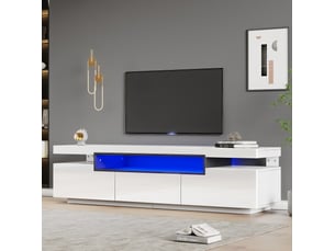 Meuble tv rangement 160 cm blanc laqué 3 tiroirs led 70 pouces salon moderne homvra