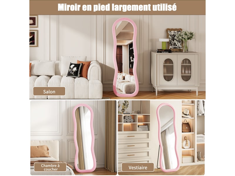 Miroir sur pied 160x50 cm rose,miroir décoratif ,ondulé irrégulier,grand miroir mural avec cadre en flanelle,verre trempé - Conforama R