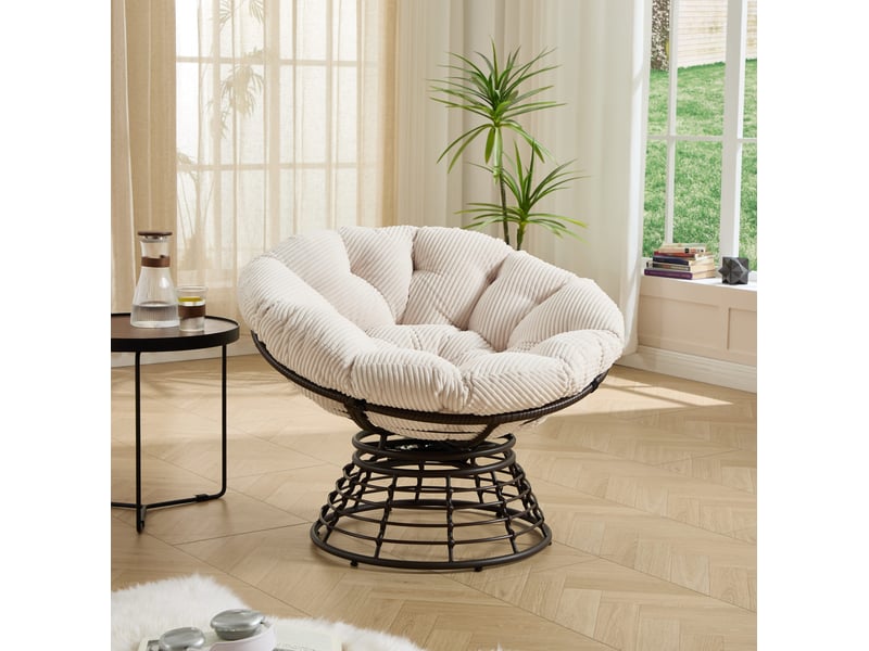  Fauteuil papasan pivotant 360° en résine tressée marron avec coussin blanc en velours côtelé, pour se détendre  - Conforama E