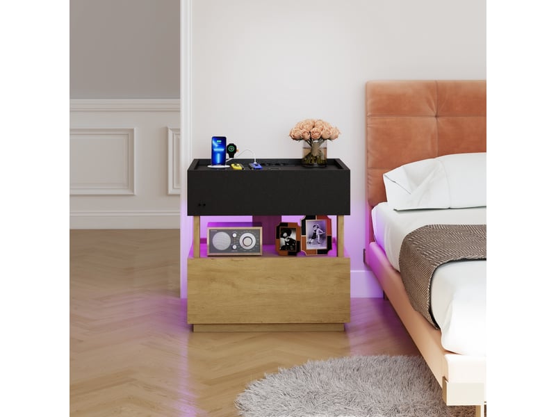  Table de chevet connectée 50x40x50 cm - avec station de charge sans fil, éclairage led et 2 tiroirs – mdf - noir et naturel  - Conforama B