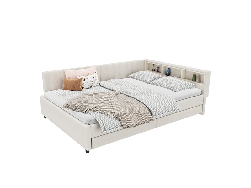  Lit de jour, 140 x 200 cm, canapé-lit, compartiment de rangement près du lit, ports usb et type c, bande lumineuse led, lit avec deux tiroirs, sommier à lattes (sans matelas), lin, beige  - Conforama A