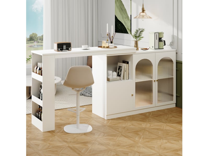  Meuble bar rotatif 360° blanc avec portes vitrées et rangement, 120 x 40 x 97 cm  - Conforama E