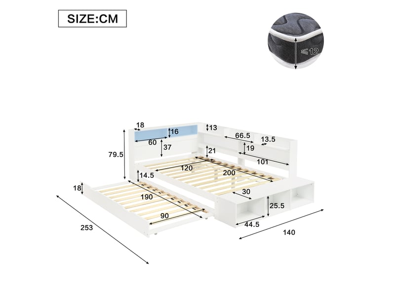 Lit gigogne 120x200 cm blanc avec rangements, banquette et éclairage led - Conforama C