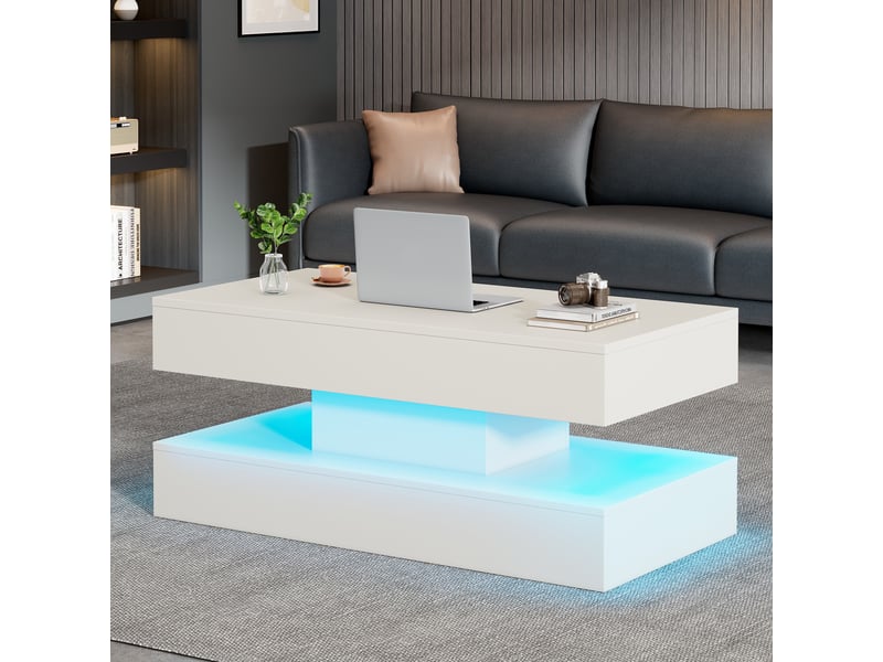  Table basse relevable avec led et rangement caché, table de salon blanche 100x50x42 cm, prises intégrées  - Conforama B