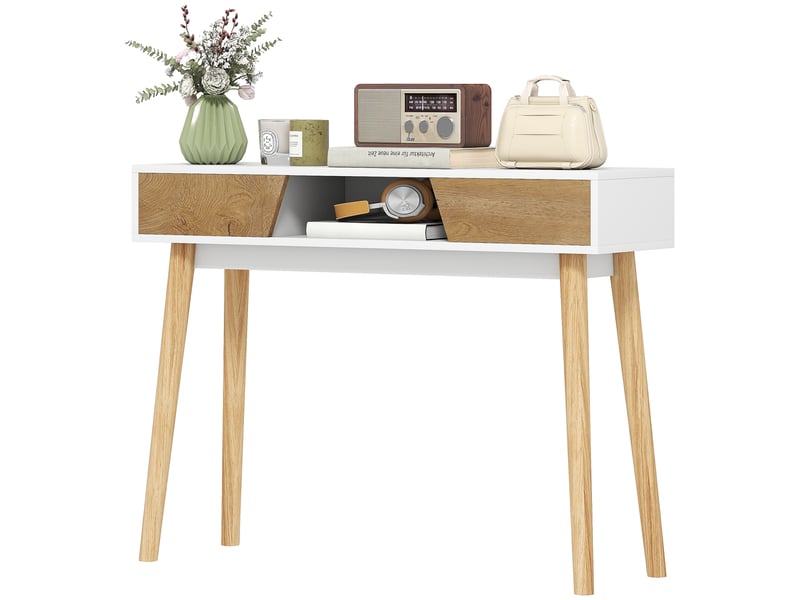  Console d'entrée avec 2 tiroirs, compartiment et pieds en bois, blanche, idéale pour un couloir, une entrée ou un salon.  - Conforama B