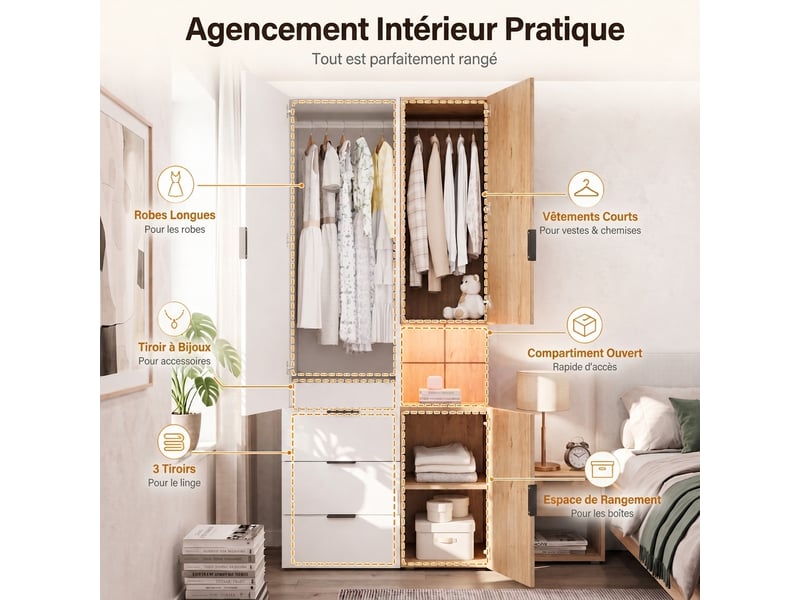 Vestiaire d'entrée avec miroir et led, armoire penderie 200 cm, 4 tiroirs, chêne anthracite  - Conforama D