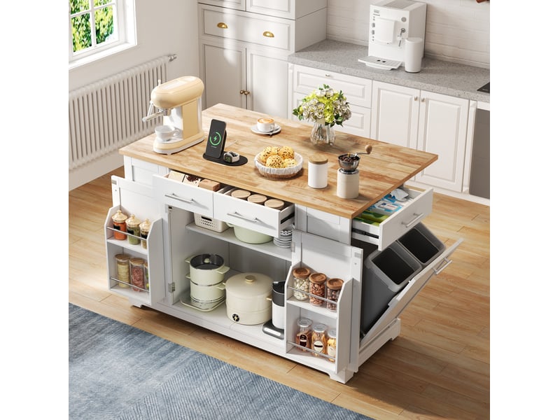  Îlot de cuisine 138x86x92 cm avec plateau rabattable, blanc et décor bois  - Conforama B