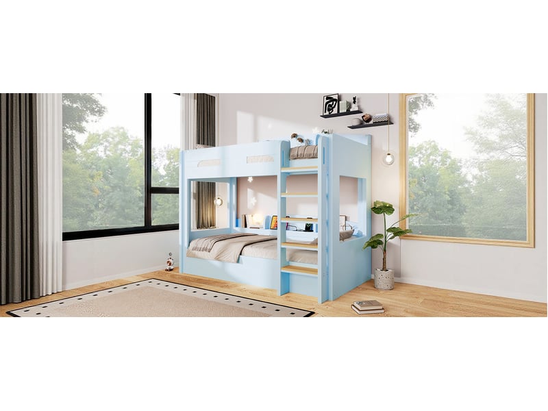 Lit superposé enfant 2 × 90 × 200 cm, étagères et prises usb, bleu clair  - Conforama B