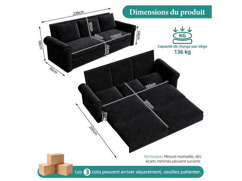  Canapé convertible 3 places noir en velours avec accoudoirs arrondis, 238 cm Fay Lum - Conforama C