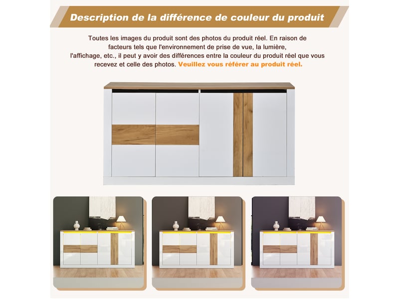  Buffet led 140 cm blanc brillant et chêne, meuble de rangement 4 portes mdf  - Conforama E