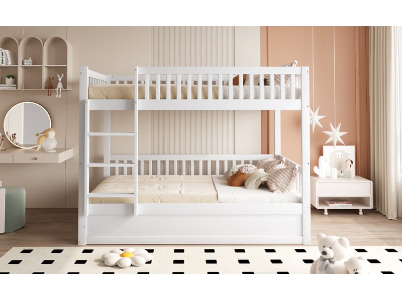  Lit superposé 90x200 cm en bois massif blanc avec rangement hydraulique  - Conforama W