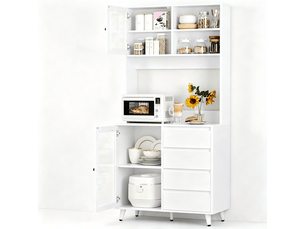 Armoire cuisine 190cm, buffet vaisselier haut avec portes vitrées